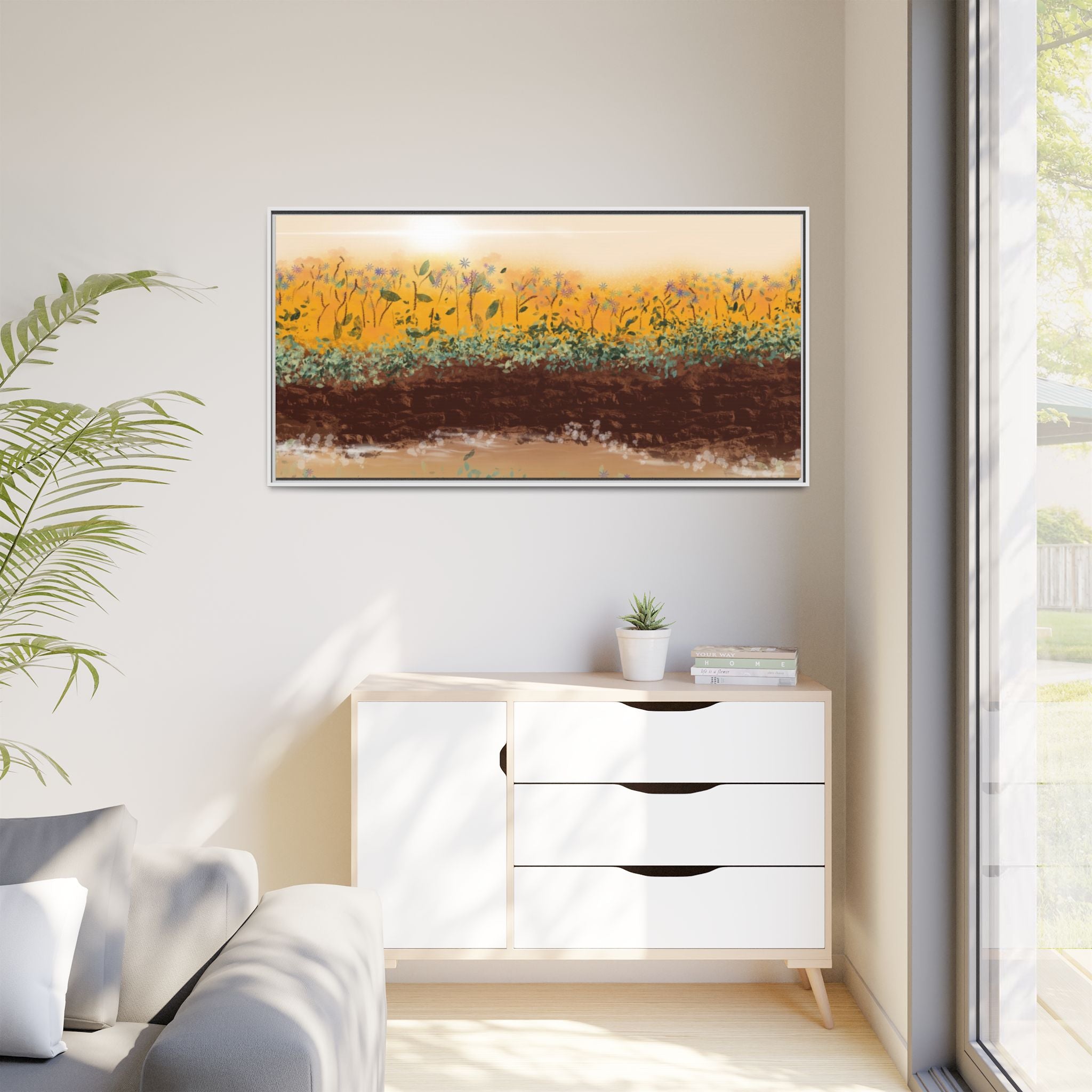 Golden Meadow Morning on Matte Canvas, Framed